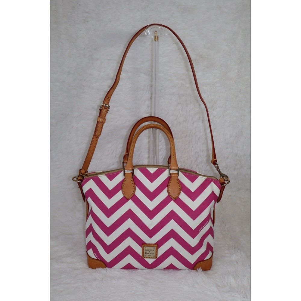 Dooney & Bourke Pink & White Geena Chevron Top Handle Satchel - Tan Leather Trim